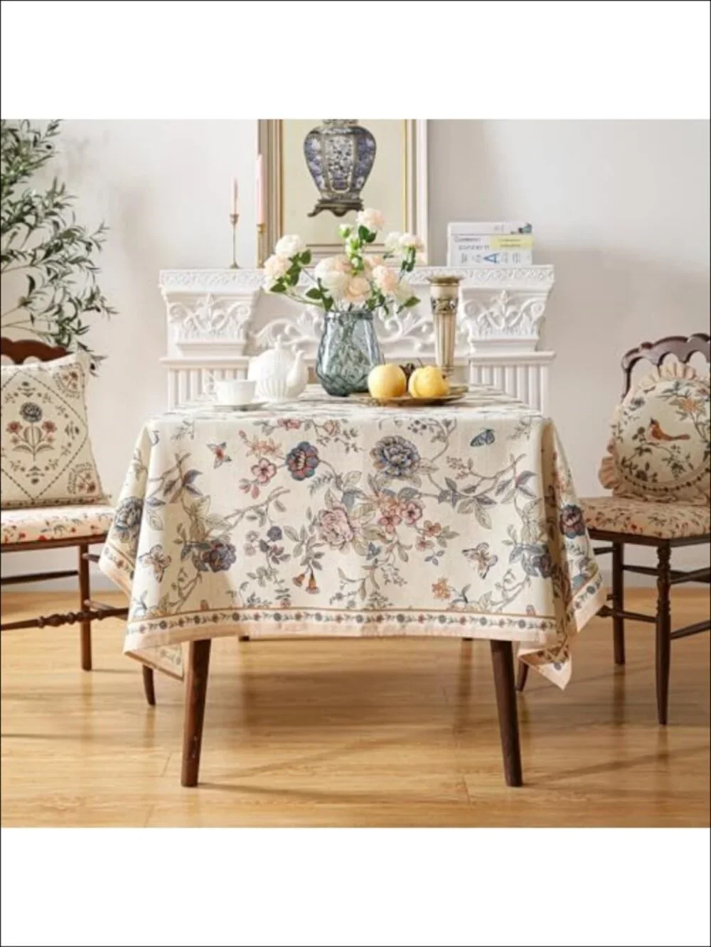 French Linen Rectangular Tablecloth 87x55 Floral Dining Table Cover